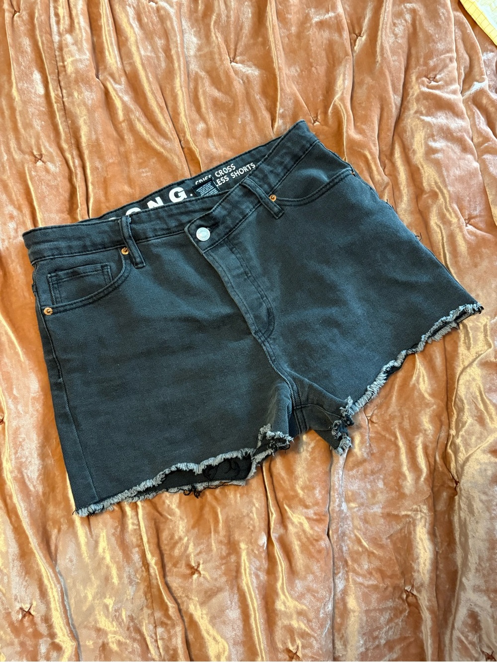 High-Rise Black Frayed Hem Denim Shorts